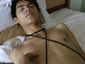 Bound Asian men give each other handjobs