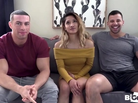Petite Asian enjoys a spit roast by muscular men