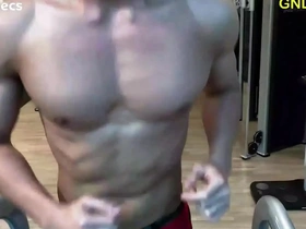 Asian muscle hunk intensely working out his chest for nipple stimulation
