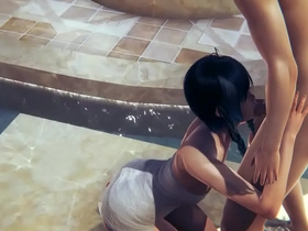 Venti from Genshin Impact receives a blowjob and gets fucked in a public bath in this sissy crossdress video